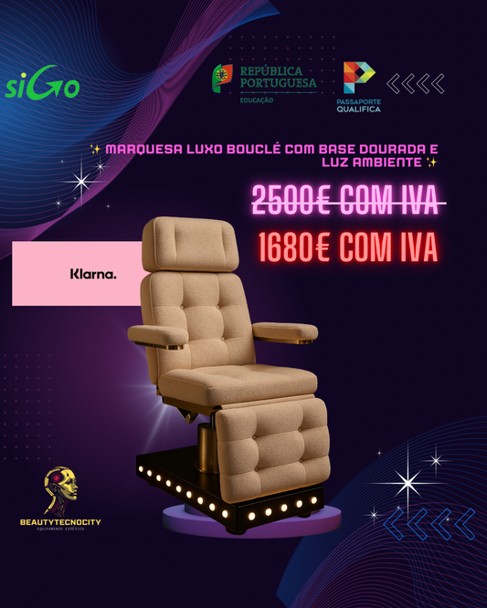 ✨ Marquesa Luxo Bouclé com Base Dourada e Luz Ambiente ✨